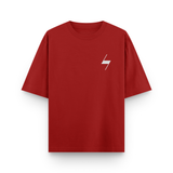 Red t-shirt with a white logo on a white background