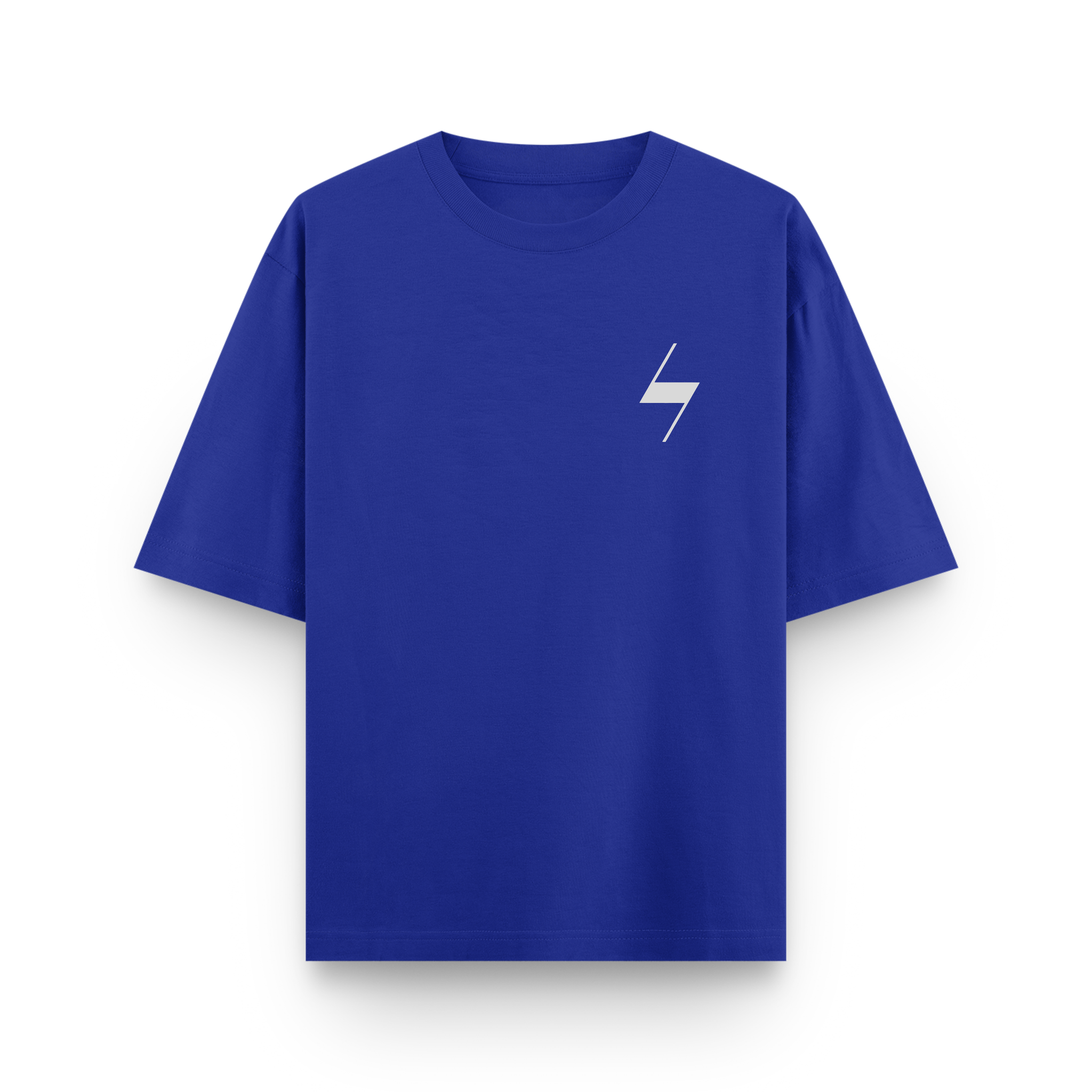 Blue t-shirt with a white lightning bolt logo on a white background