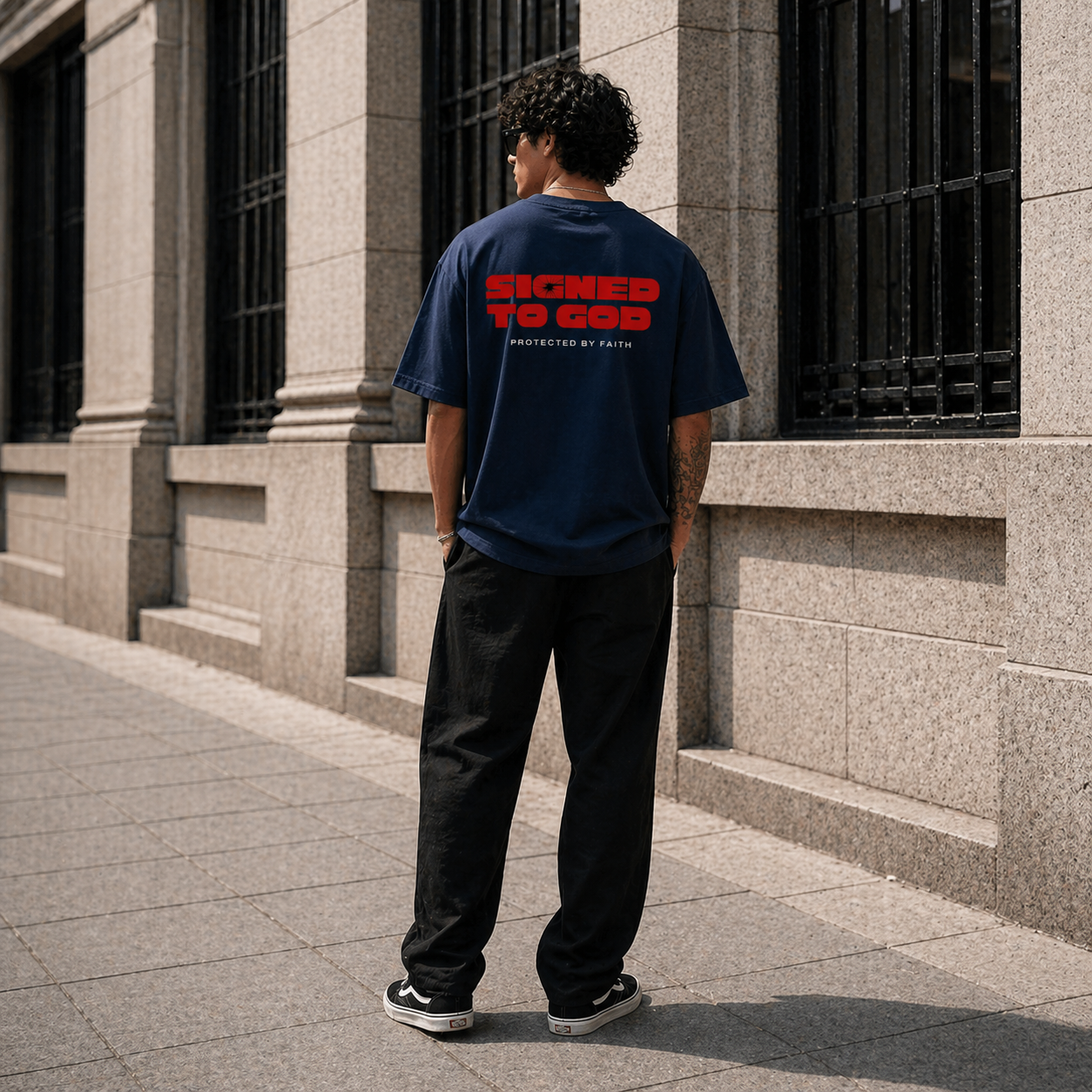 STG Signed to God Oversized Printed Navy Blue T-Shirt
