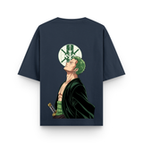 Santoryu Zoro Oversized Anime Graphic T-Shirt in Navy Blue