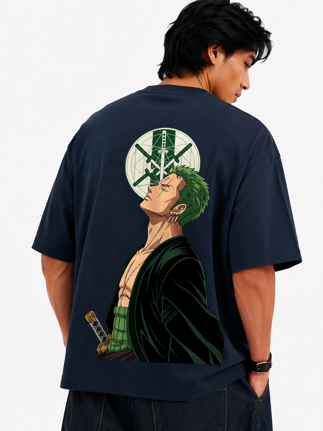 Santoryu Zoro Oversized Anime Graphic T-Shirt in Navy Blue