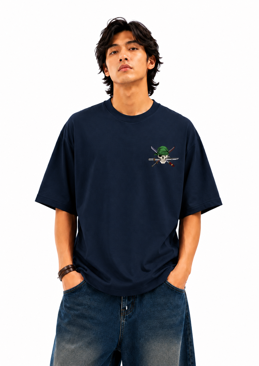 Santoryu Zoro Oversized Anime Graphic T-Shirt in Navy Blue