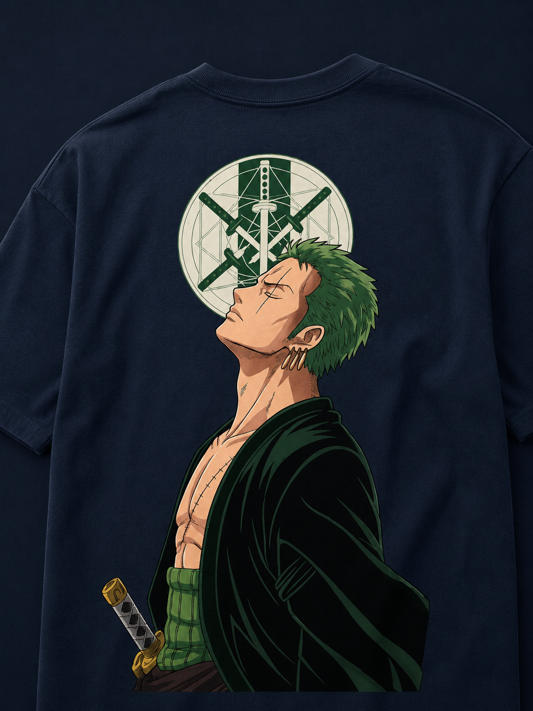 Santoryu Zoro Oversized Anime Graphic T-Shirt in Navy Blue
