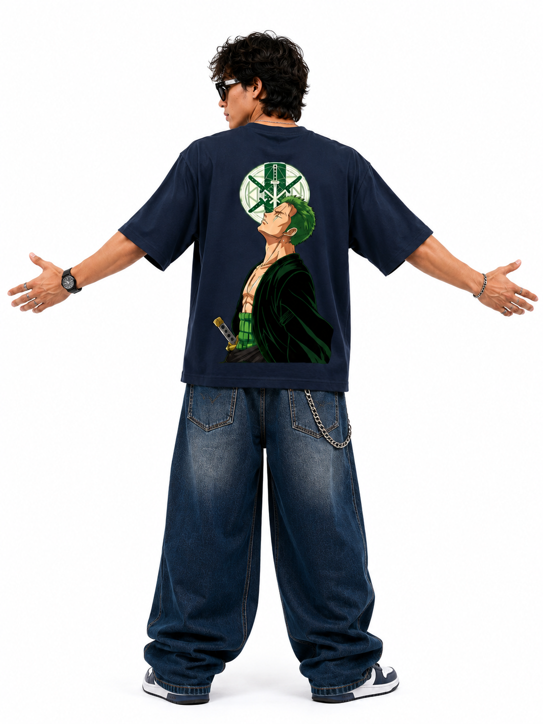 Santoryu Zoro Oversized Anime Graphic T-Shirt in Navy Blue