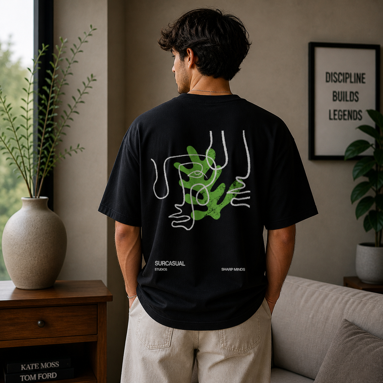 Sharp Minds Abstract Face Oversized Black Graphic T-Shirt
