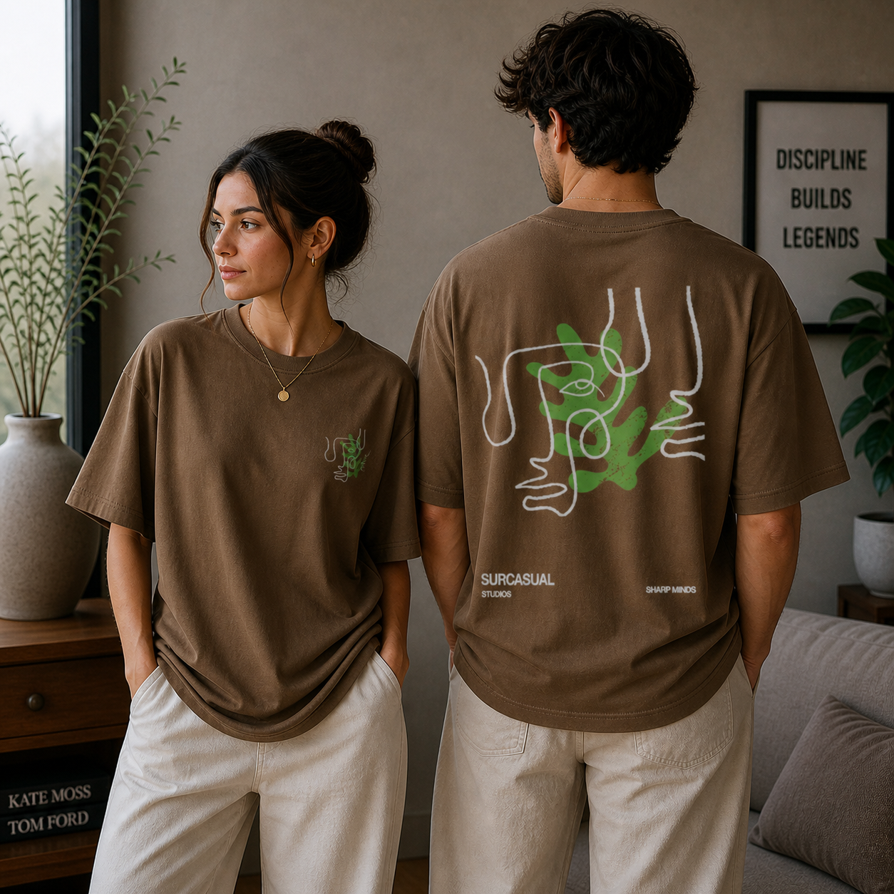 Sharp Minds Abstract Face Oversized Brown Graphic T-Shirt