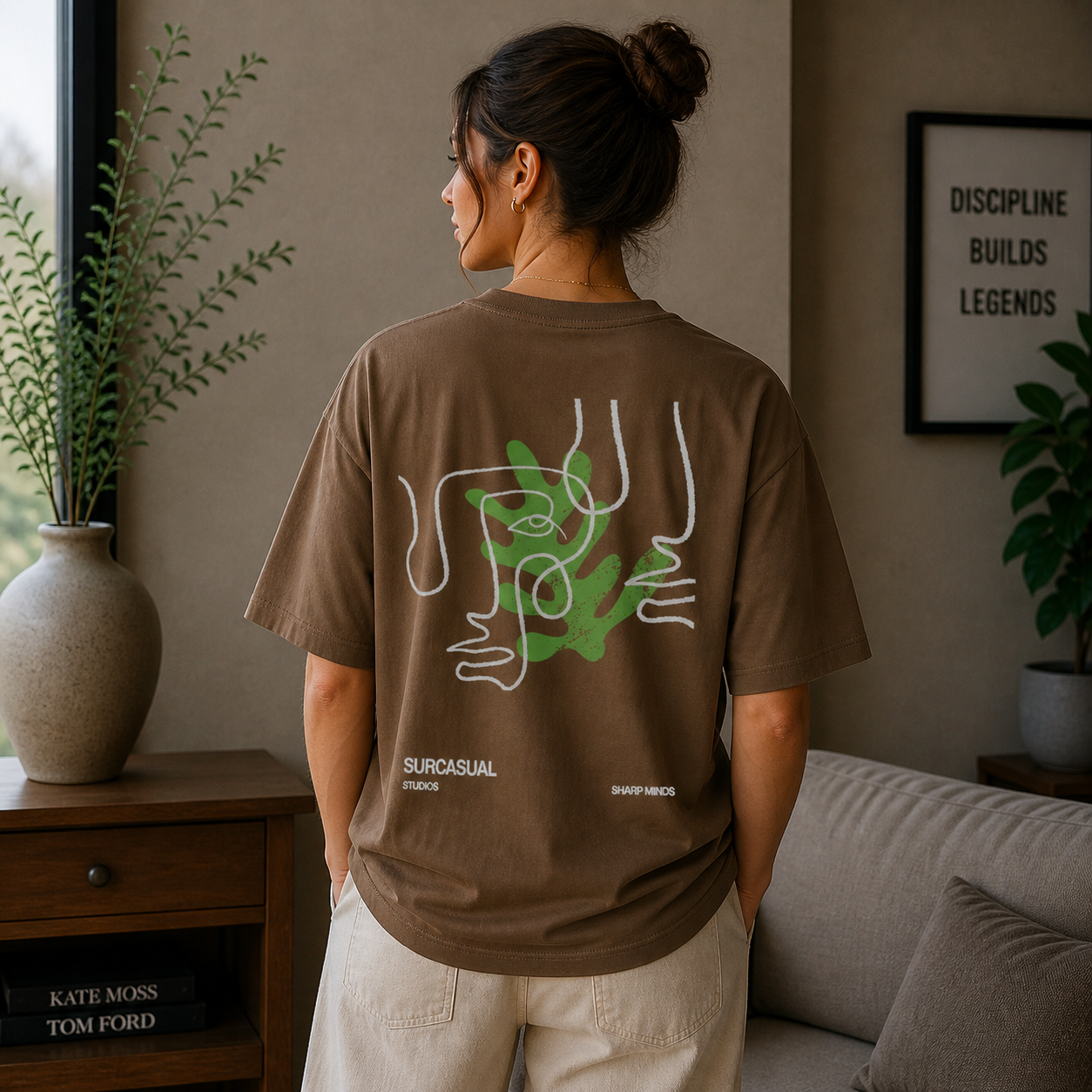 Sharp Minds Abstract Face Oversized Brown Graphic T-Shirt