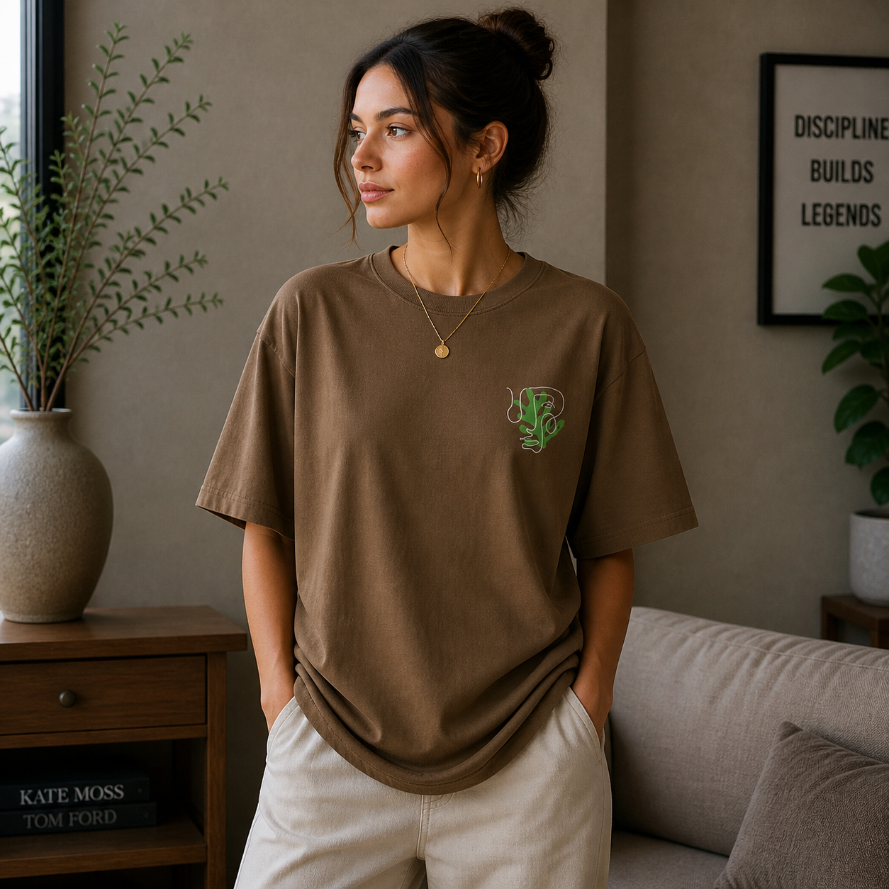 Sharp Minds Abstract Face Oversized Brown Graphic T-Shirt