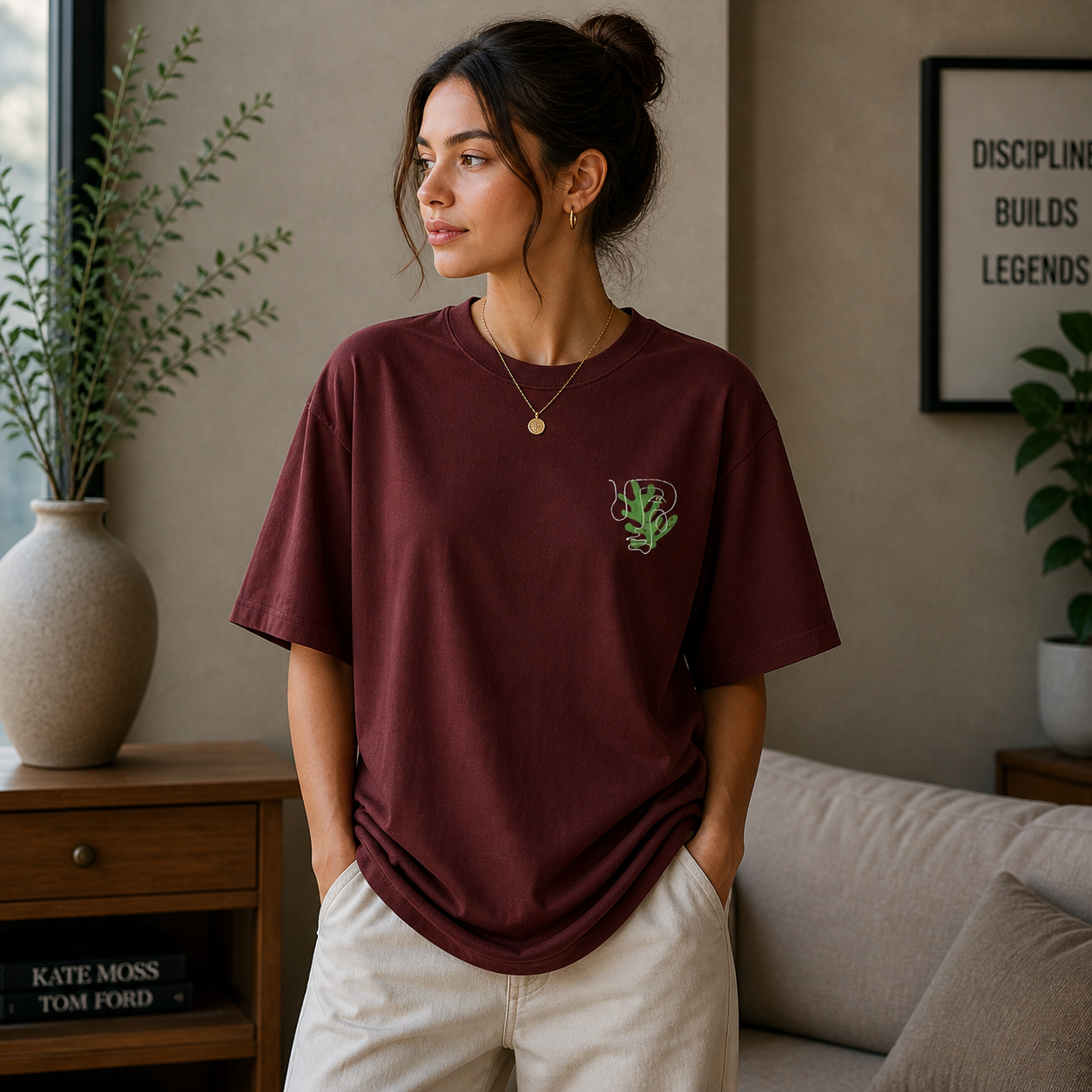 Sharp Minds Abstract Face Oversized Maroon Graphic T-Shirt