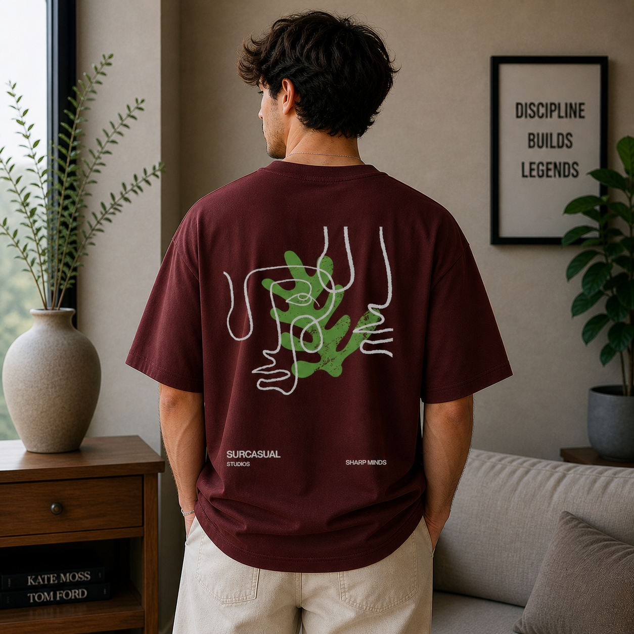 Sharp Minds Abstract Face Oversized Maroon Graphic T-Shirt