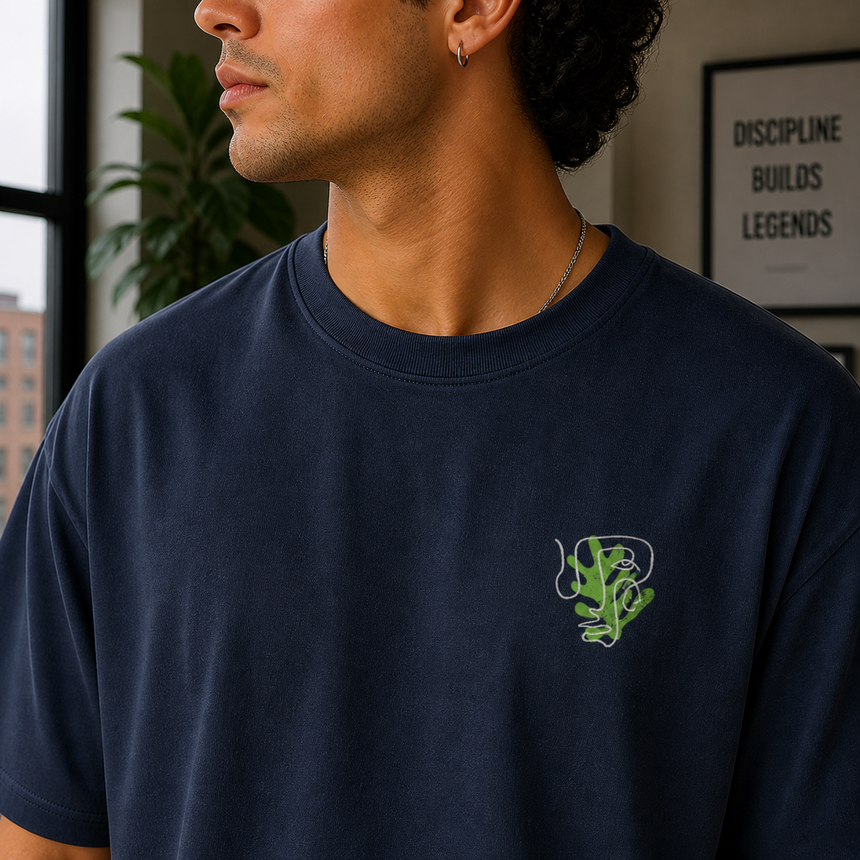 Sharp Minds Abstract Face Oversized Navy Blue Graphic T-Shirt