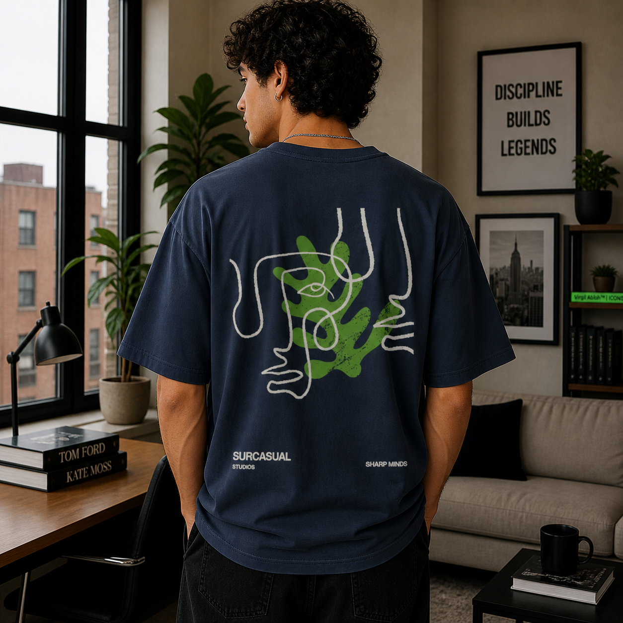 Sharp Minds Abstract Face Oversized Navy Blue Graphic T-Shirt