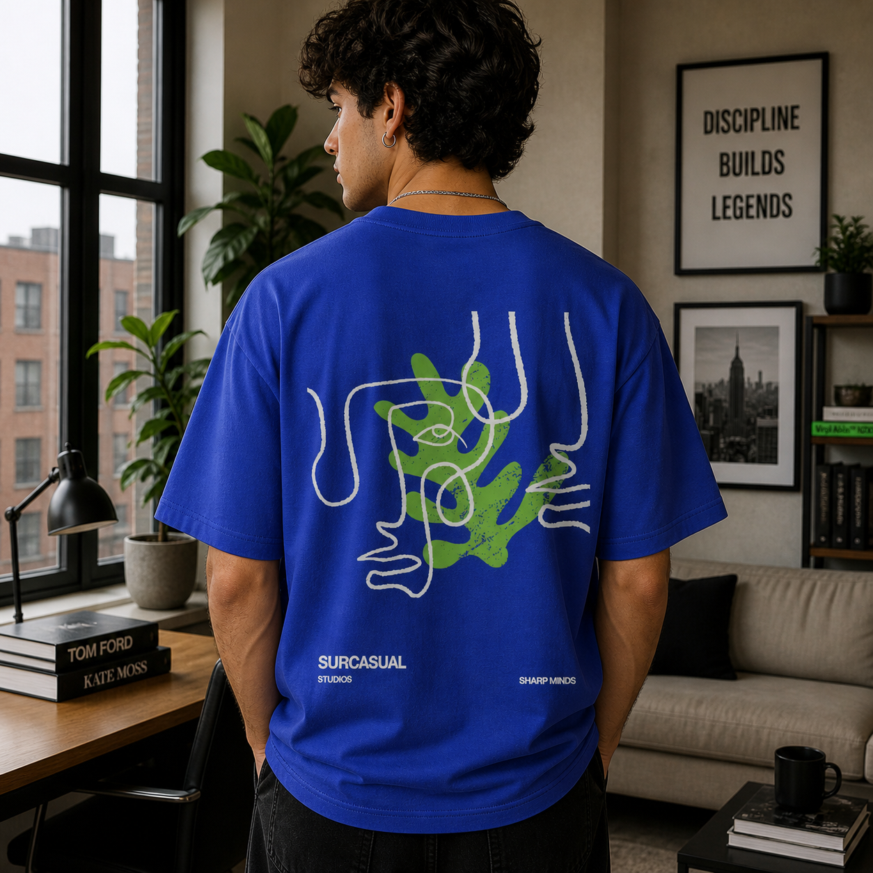 Sharp Minds Abstract Face Oversized Royal Blue Graphic T-Shirt