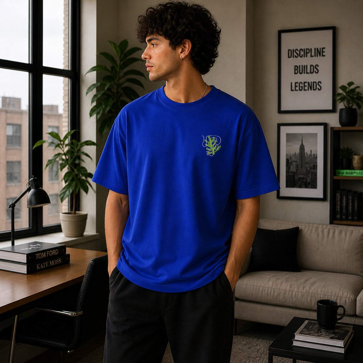 Sharp Minds Abstract Face Oversized Royal Blue Graphic T-Shirt