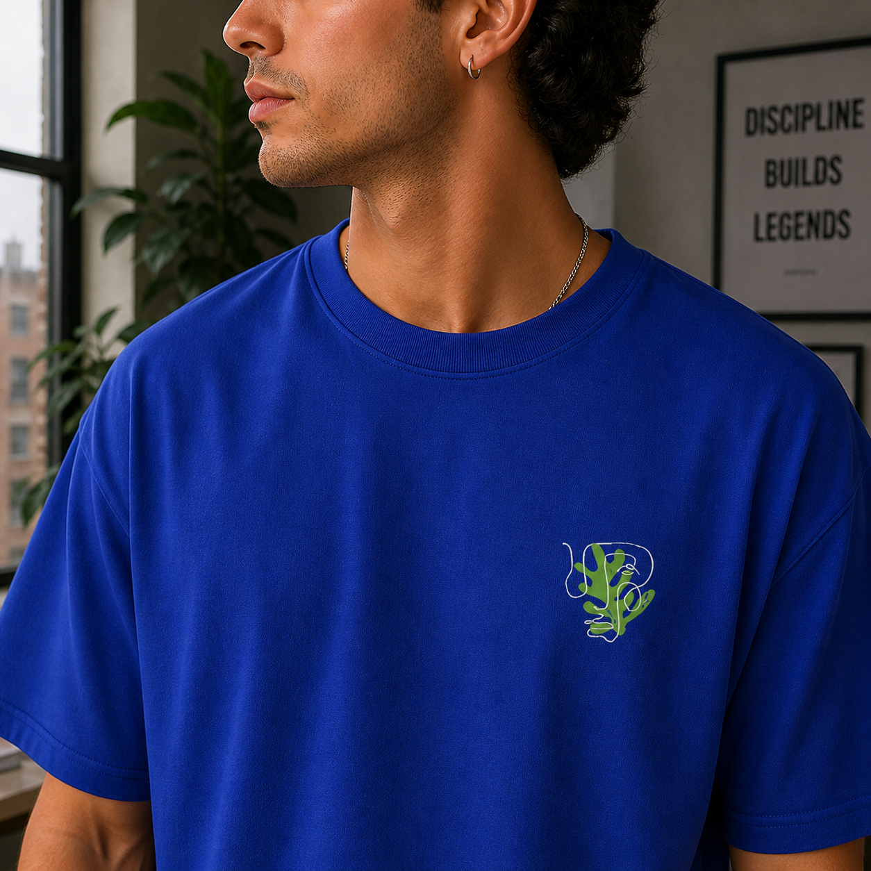 Sharp Minds Abstract Face Oversized Royal Blue Graphic T-Shirt