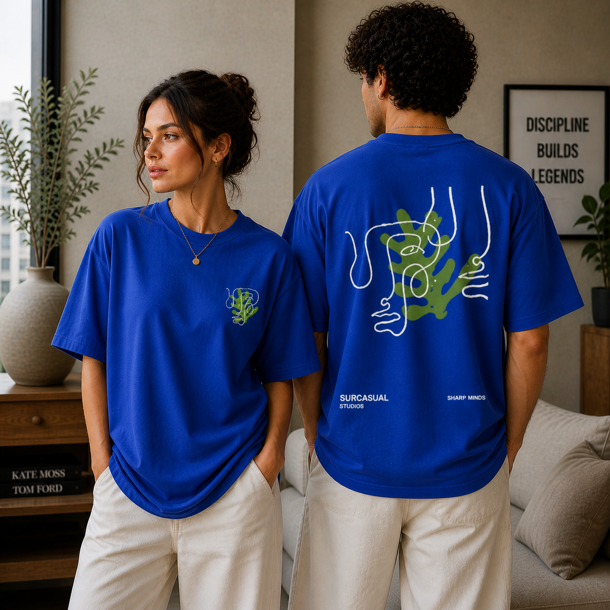 Sharp Minds Abstract Face Oversized Royal Blue Graphic T-Shirt