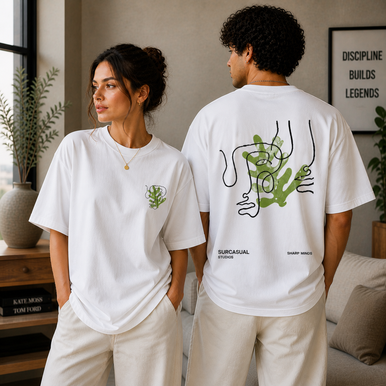 Sharp Minds Abstract Face Oversized White Graphic T-Shirt