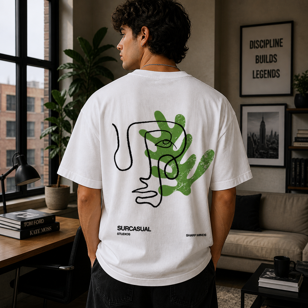 Sharp Minds Abstract Face Oversized White Graphic T-Shirt