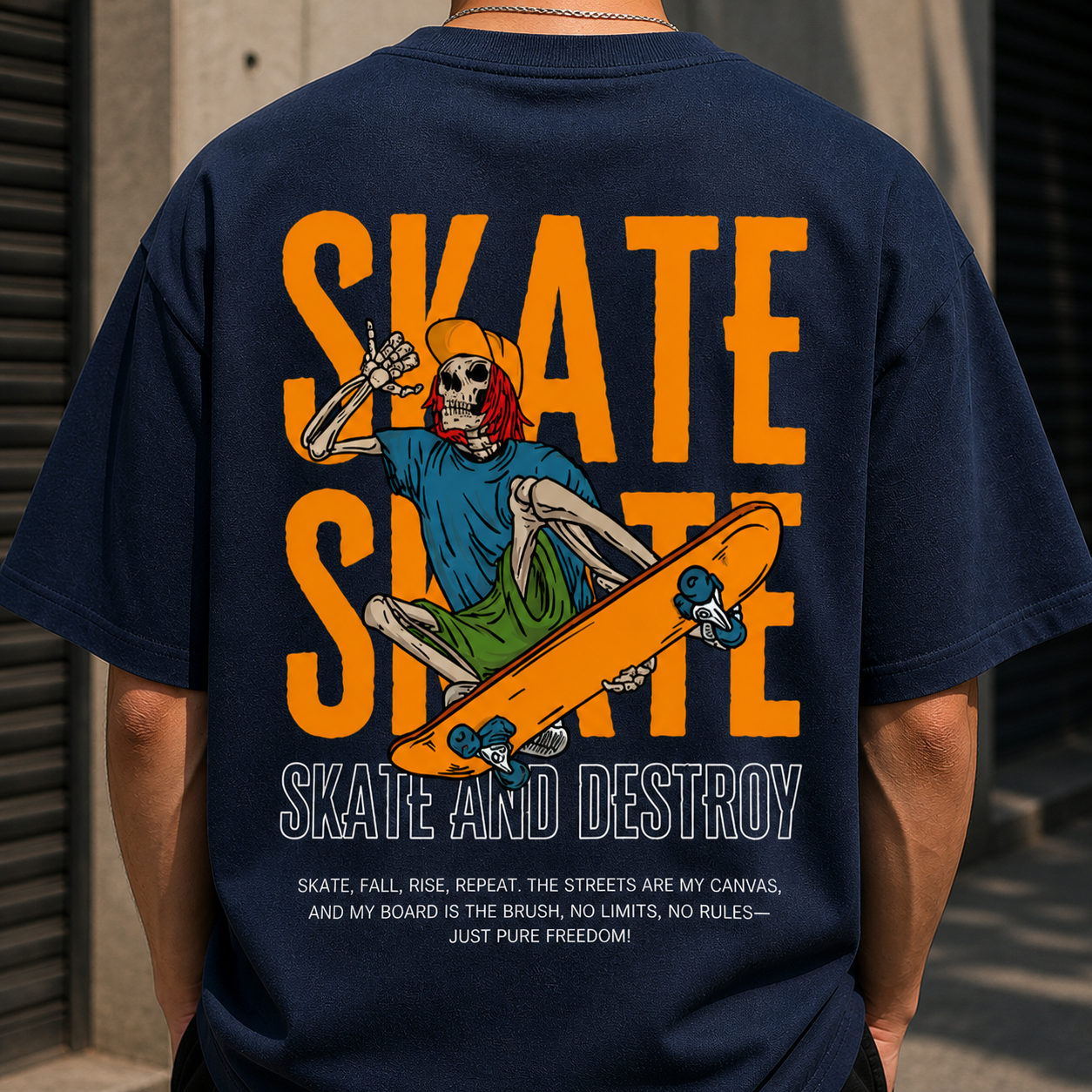 Skate and Destroy Skeleton Oversized Navy Blue Graphic T-Shirt