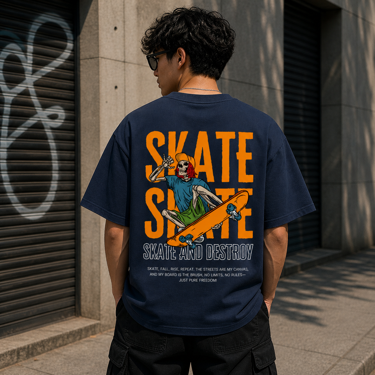Skate and Destroy Skeleton Oversized Navy Blue Graphic T-Shirt