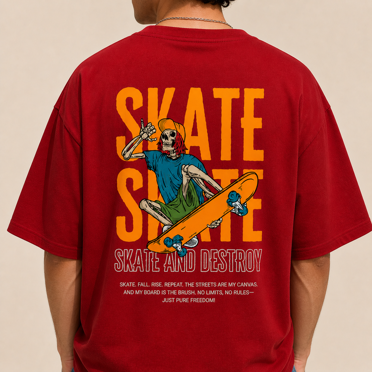 Skate and Destroy Skeleton Oversized Red Graphic T-Shirt