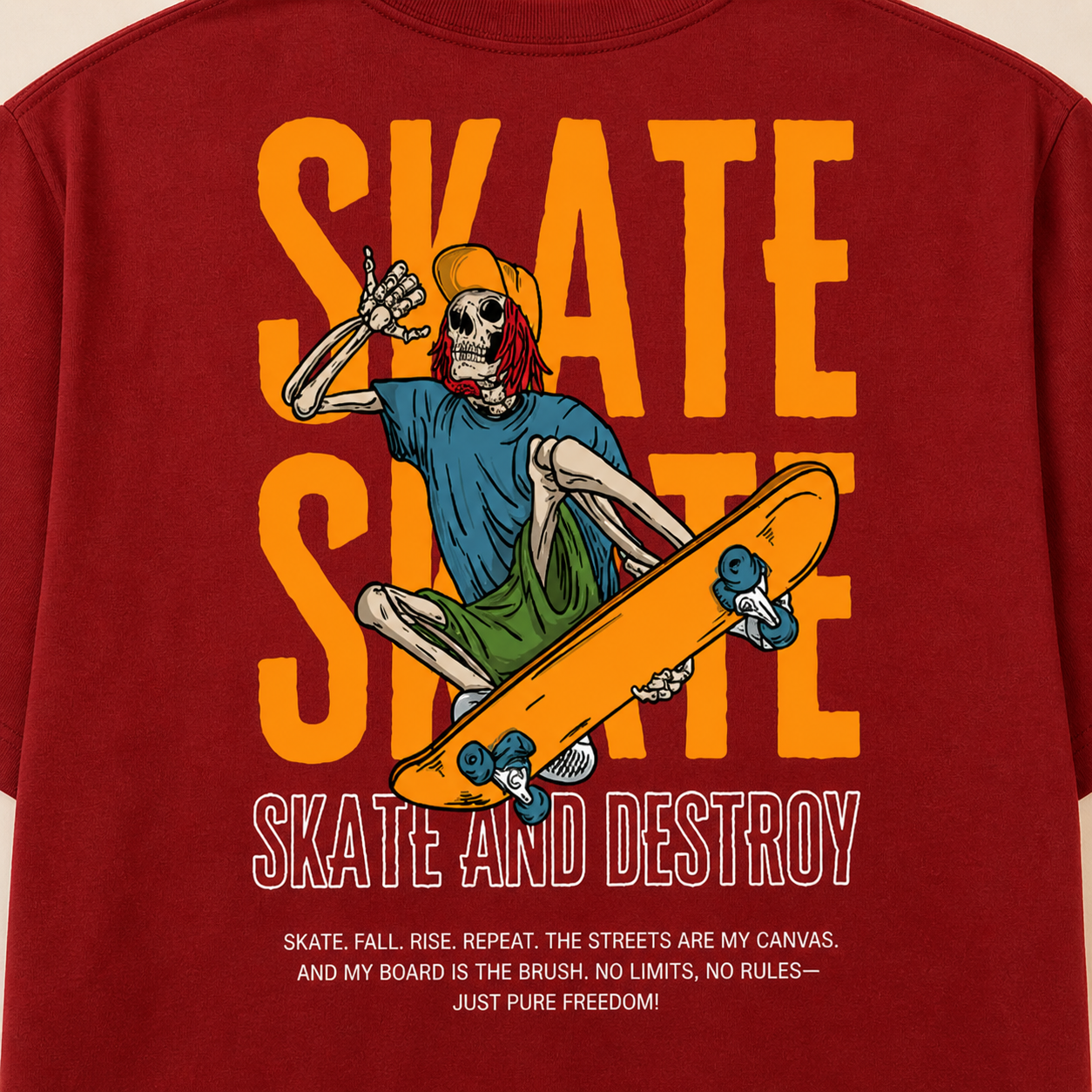 Skate and Destroy Skeleton Oversized Red Graphic T-Shirt