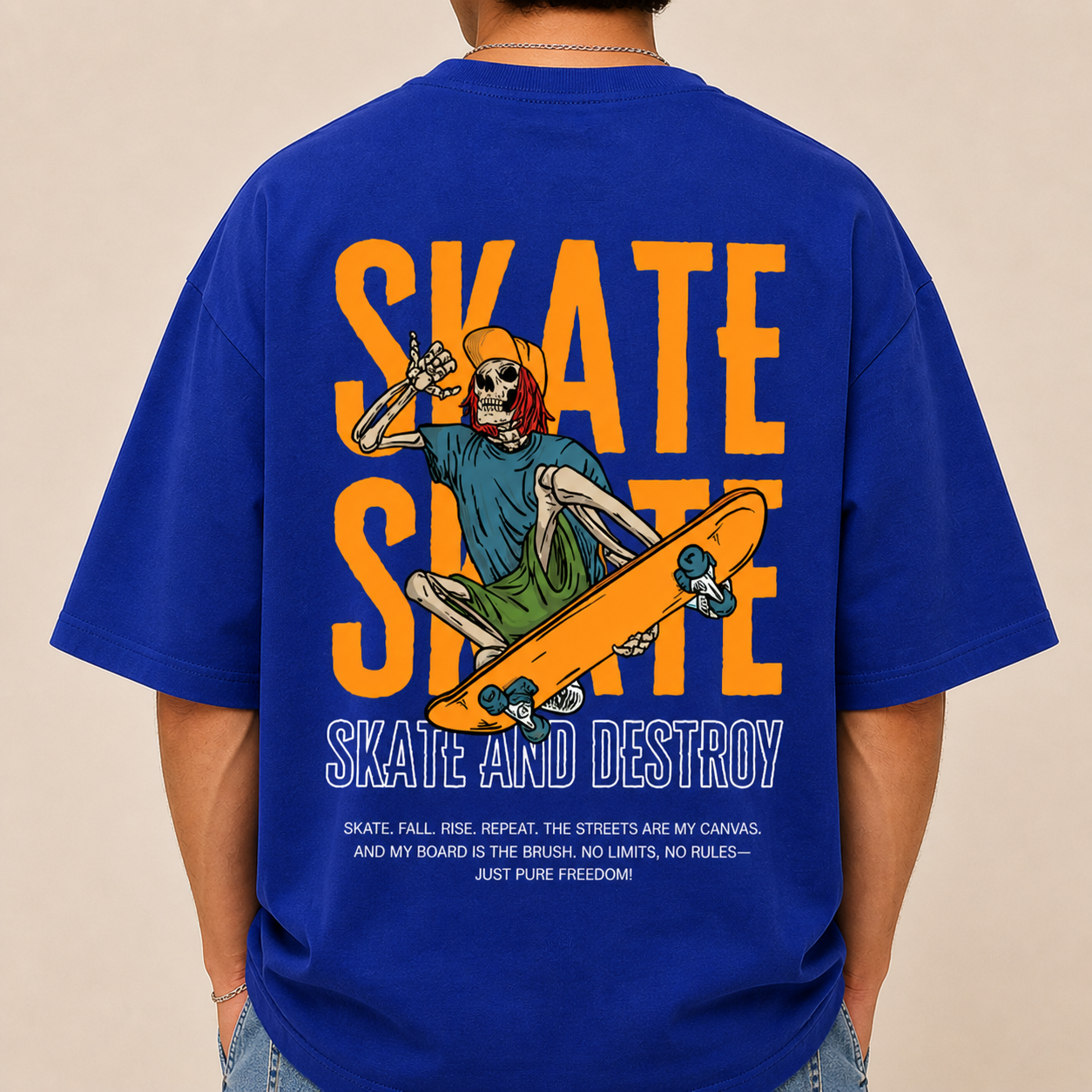 Skate and Destroy Skeleton Oversized Royal Blue Graphic T-Shirt