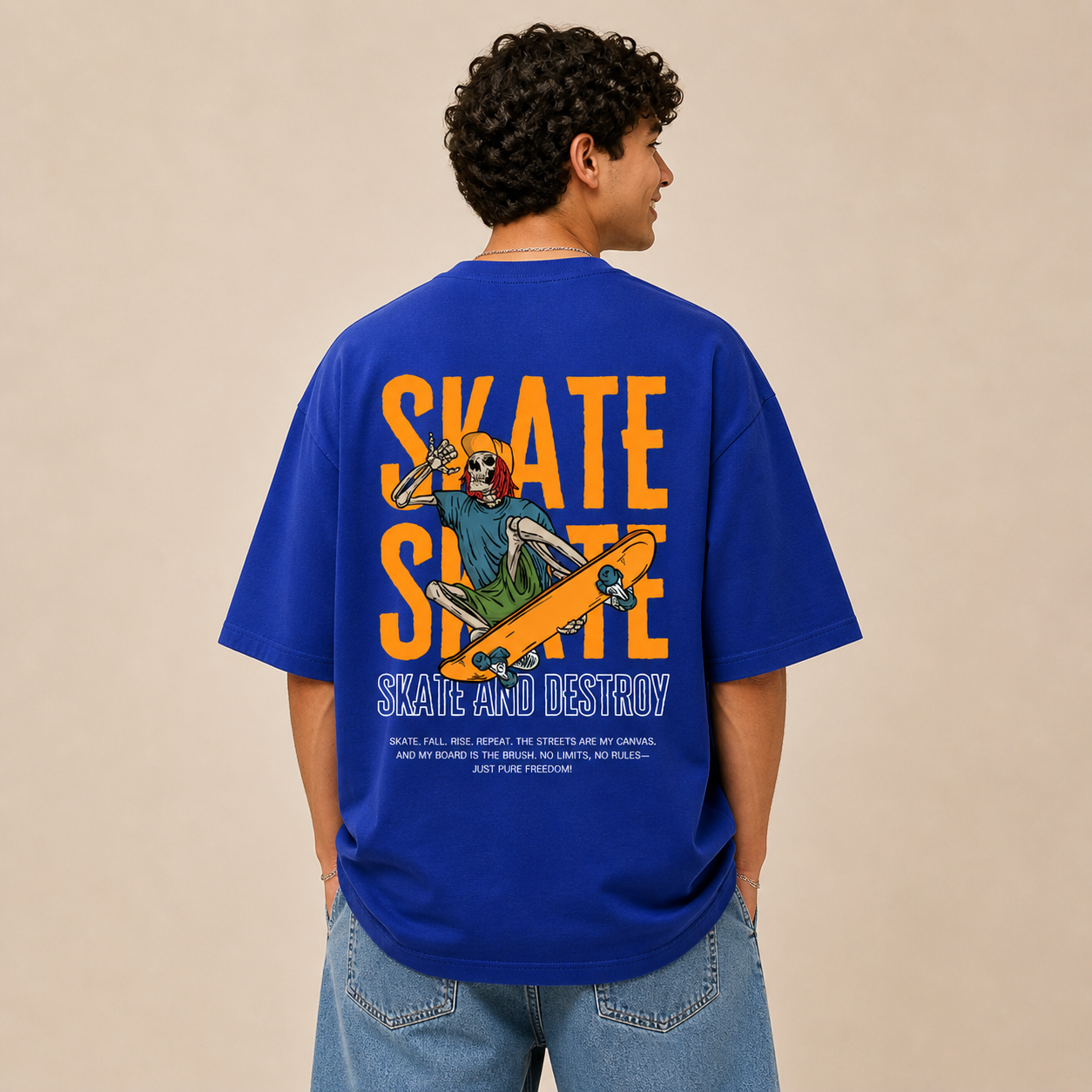 Skate and Destroy Skeleton Oversized Royal Blue Graphic T-Shirt