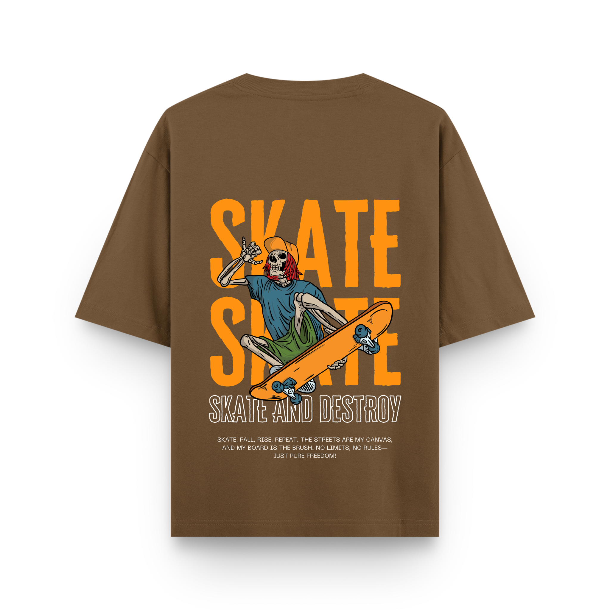 Skate and Destroy Skeleton Oversized Brown Graphic T-Shirt