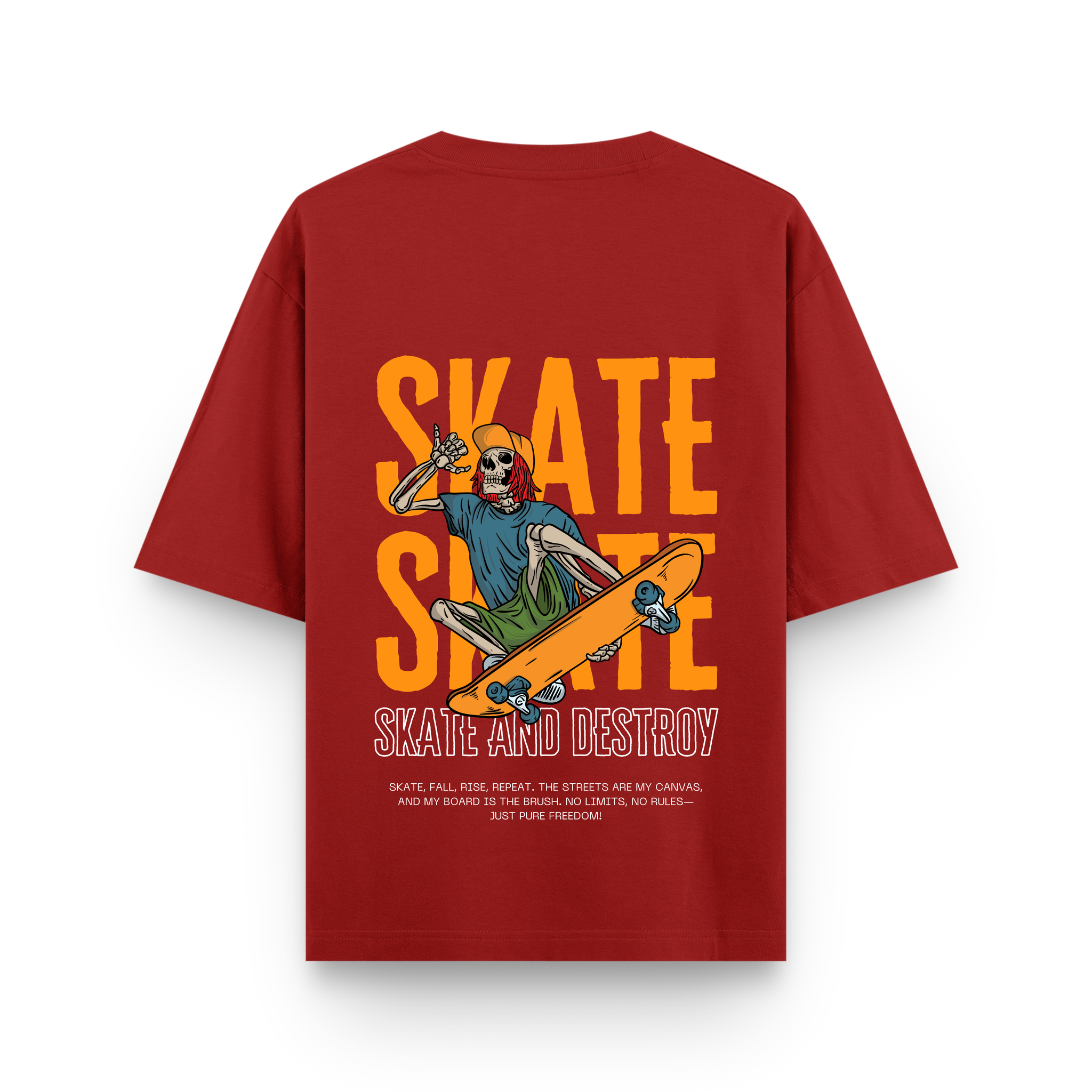 Skate and Destroy Skeleton Oversized Red Graphic T-Shirt