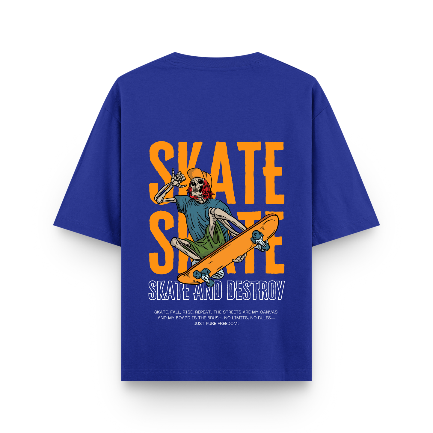 Skate and Destroy Skeleton Oversized Royal Blue Graphic T-Shirt