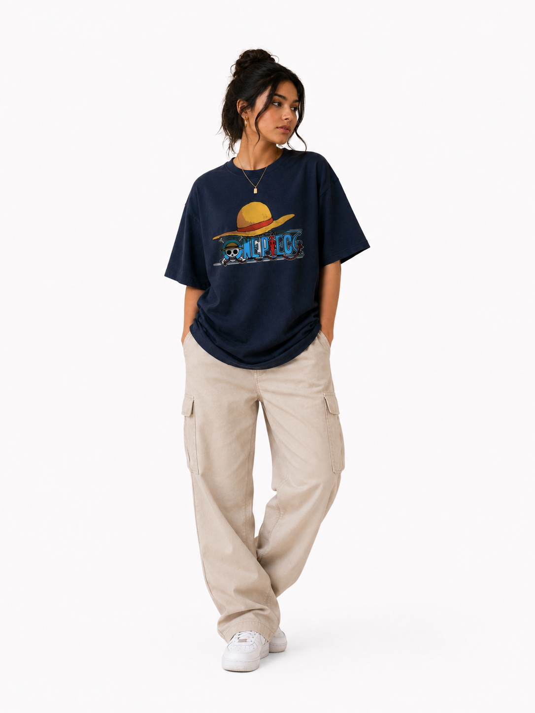 Straw Hat Anime Oversized Navy Blue Graphic T-Shirt