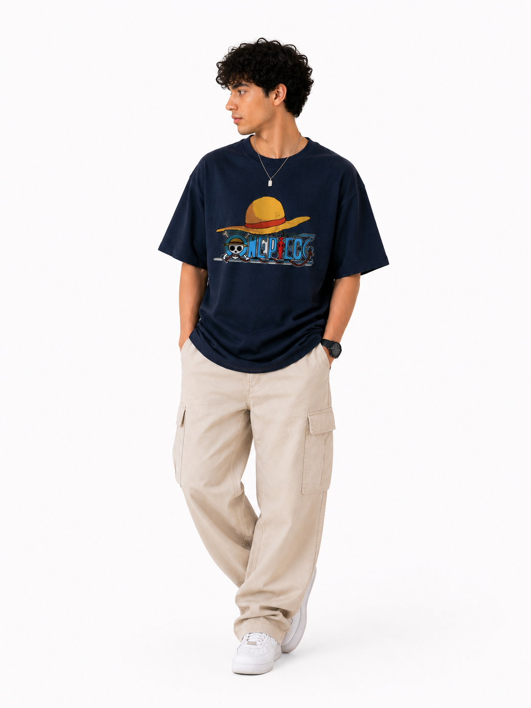 Straw Hat Anime Oversized Navy Blue Graphic T-Shirt
