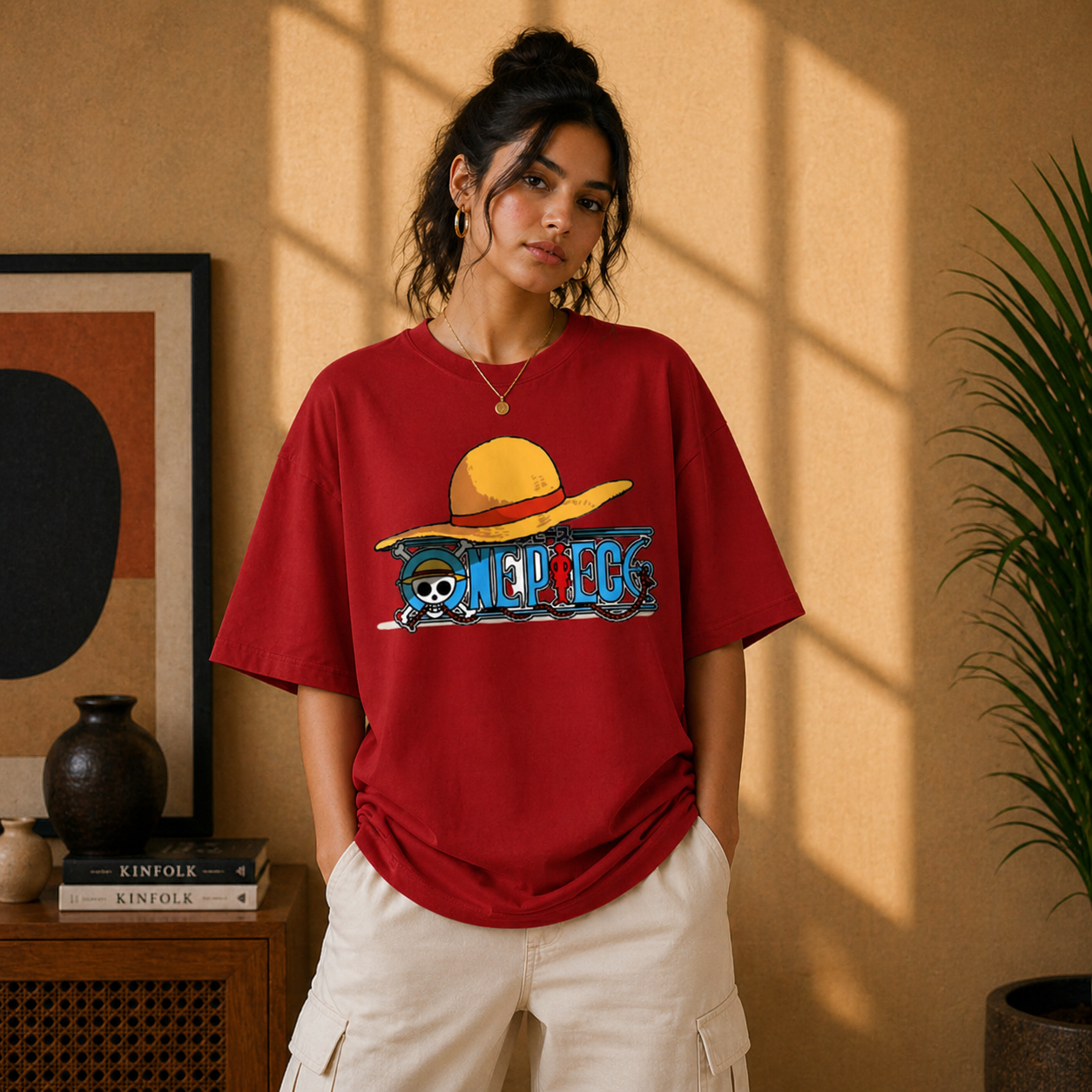 Straw Hat Anime Oversized Red Graphic T-Shirt