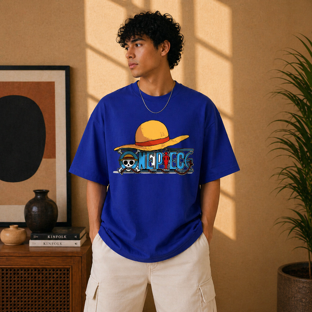 Straw Hat Anime Oversized Royal Blue Graphic T-Shirt