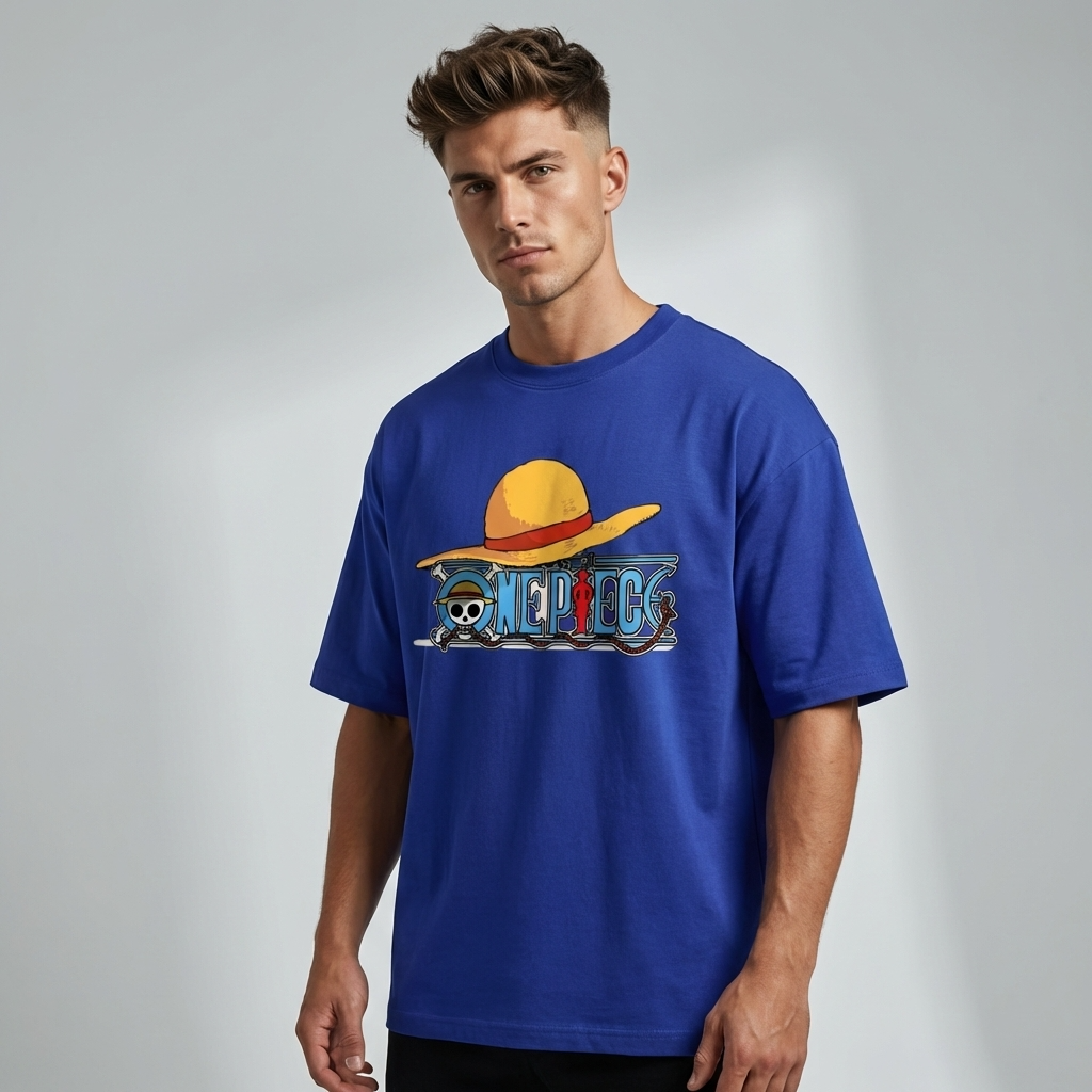 Straw Hat Anime Oversized Royal Blue Graphic T-Shirt