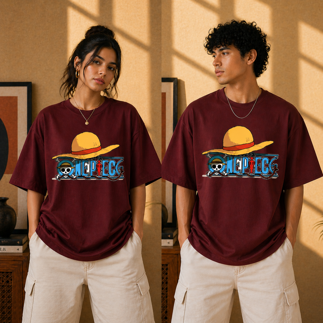 Straw Hat Anime Oversized Maroon Graphic T-Shirt