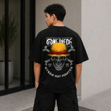 Straw Hat Skull Anime Oversized Black Graphic T-Shirt
