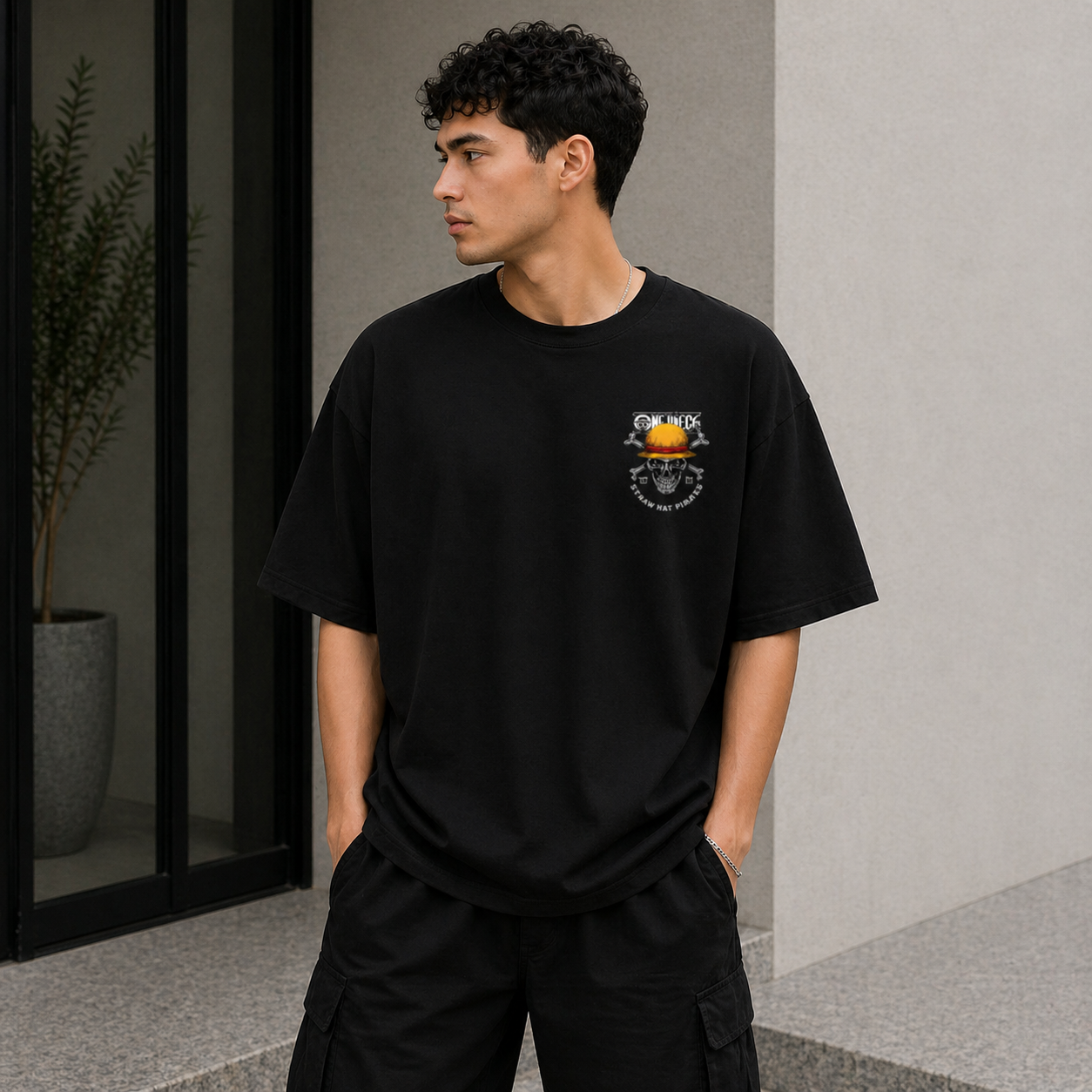 Straw Hat Skull Anime Oversized Black Graphic T-Shirt