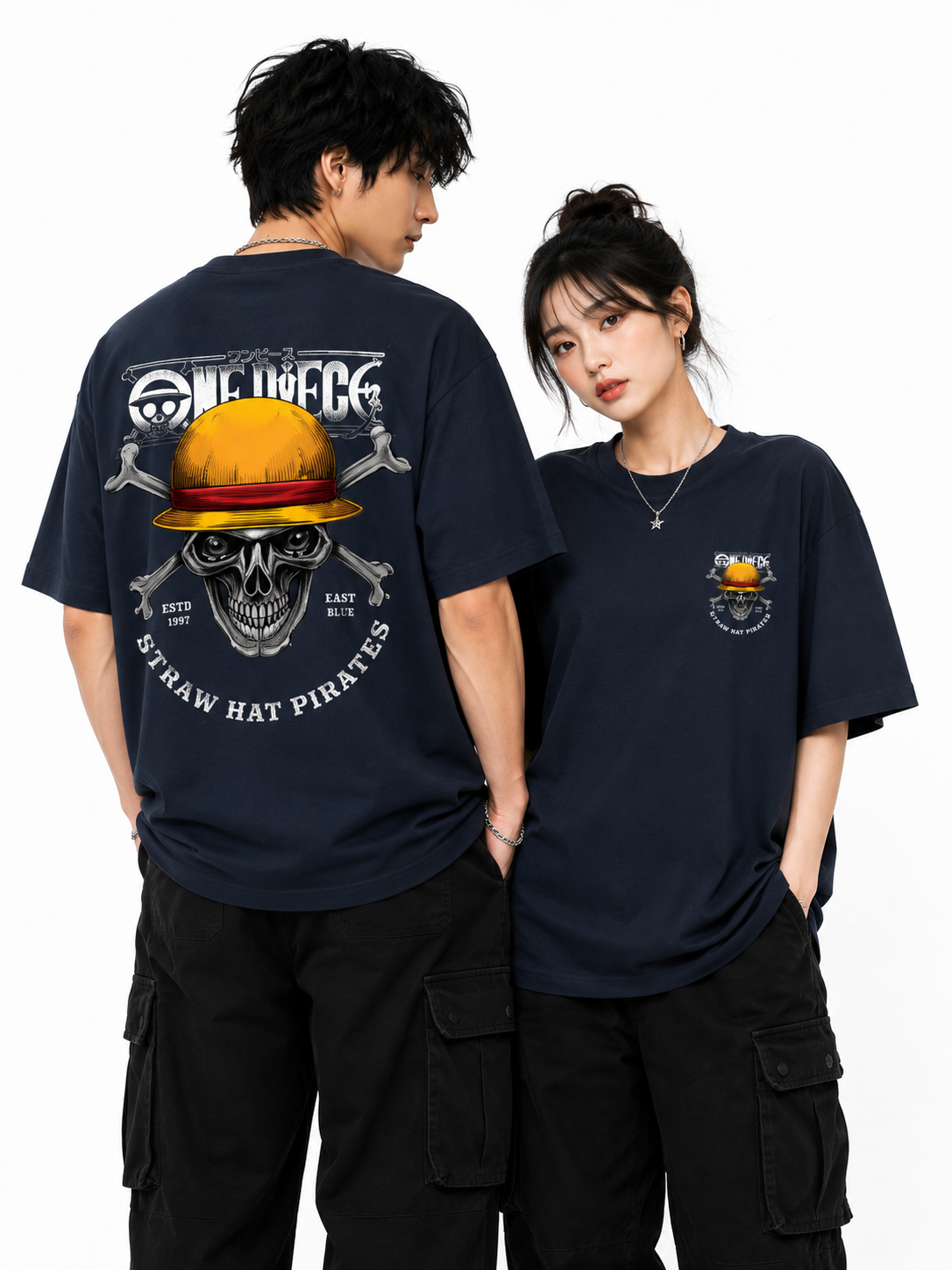 Straw Hat Skull Anime Oversized Navy Blue Graphic T-Shirt