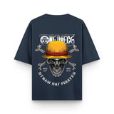 Straw Hat Skull Anime Oversized Navy Blue Graphic T-Shirt