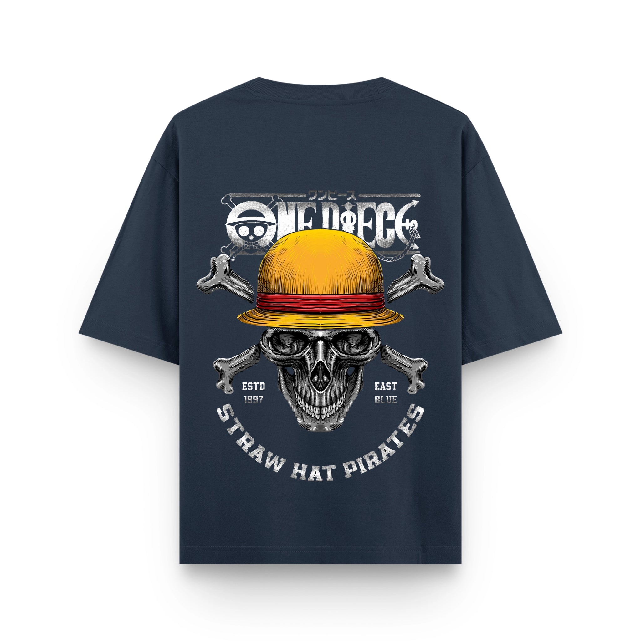 Straw Hat Skull Anime Oversized Navy Blue Graphic T-Shirt