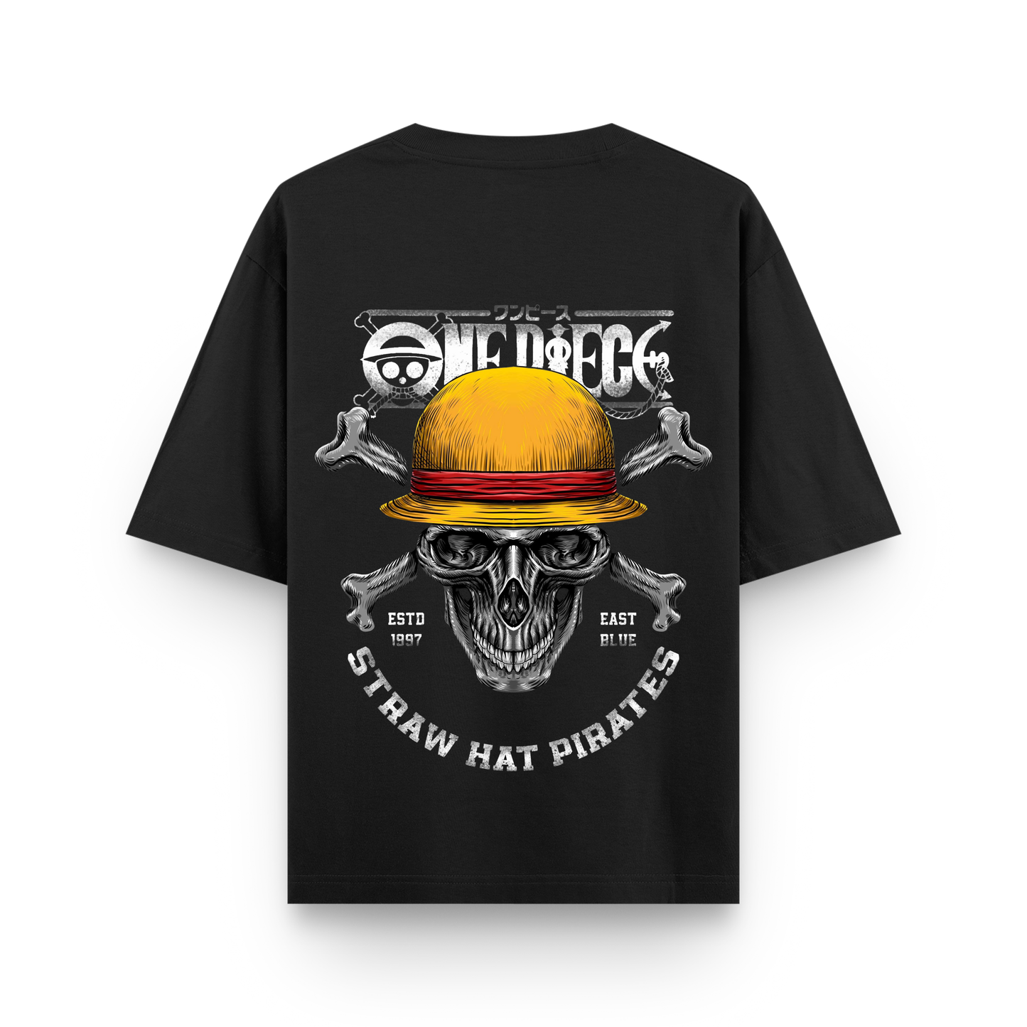 Straw Hat Skull Anime Oversized Black Graphic T-Shirt