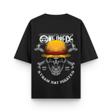 Straw Hat Skull Anime Oversized Black Graphic T-Shirt