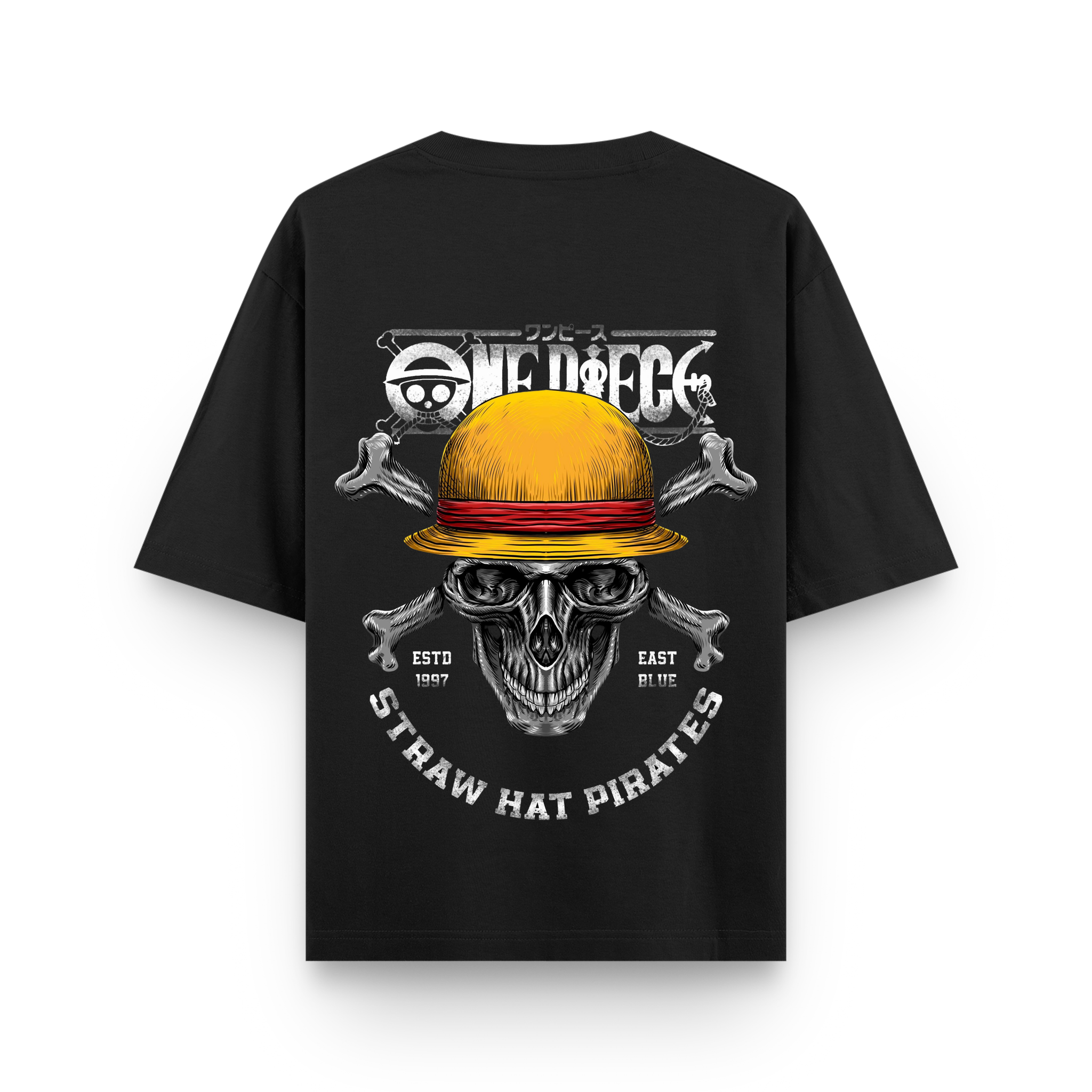 Straw Hat Skull Anime Oversized Black Graphic T-Shirt