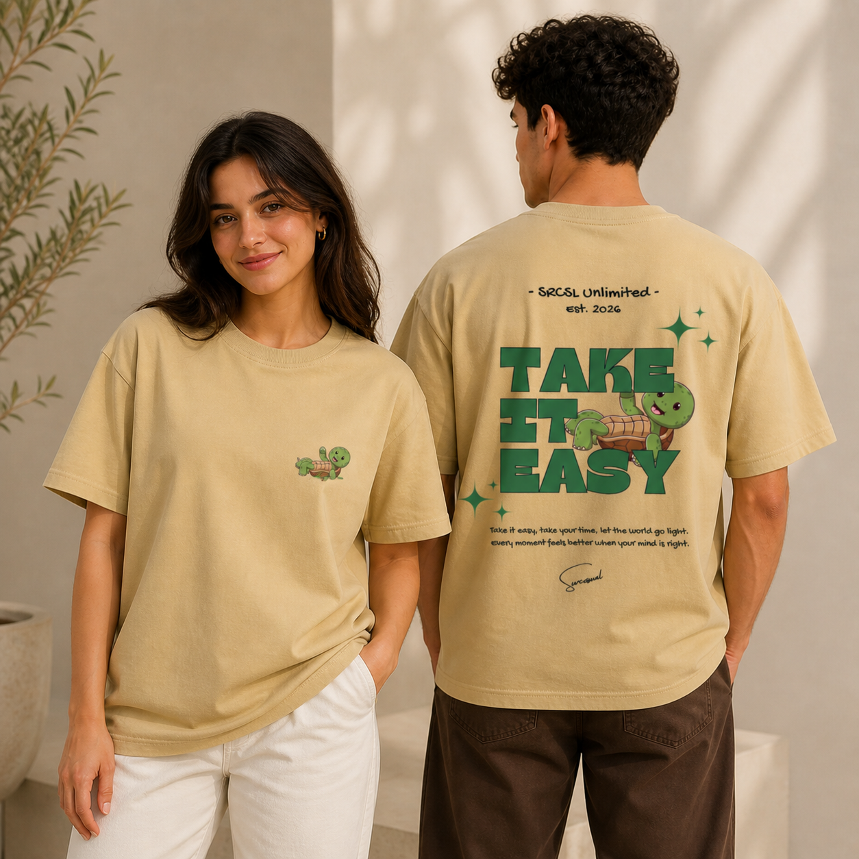 Take It Easy Turtle Oversized Beige Graphic T shirt