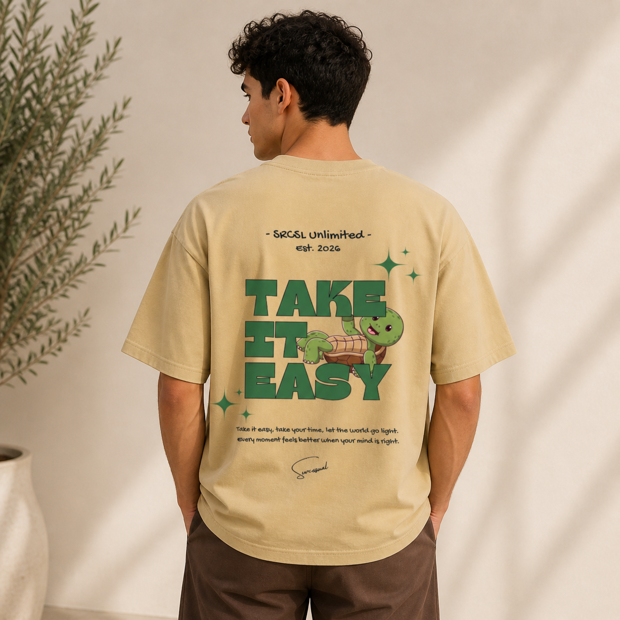 Take It Easy Turtle Oversized Beige Graphic T shirt