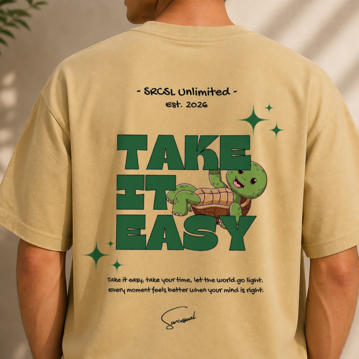 Take It Easy Turtle Oversized Beige Graphic T shirt