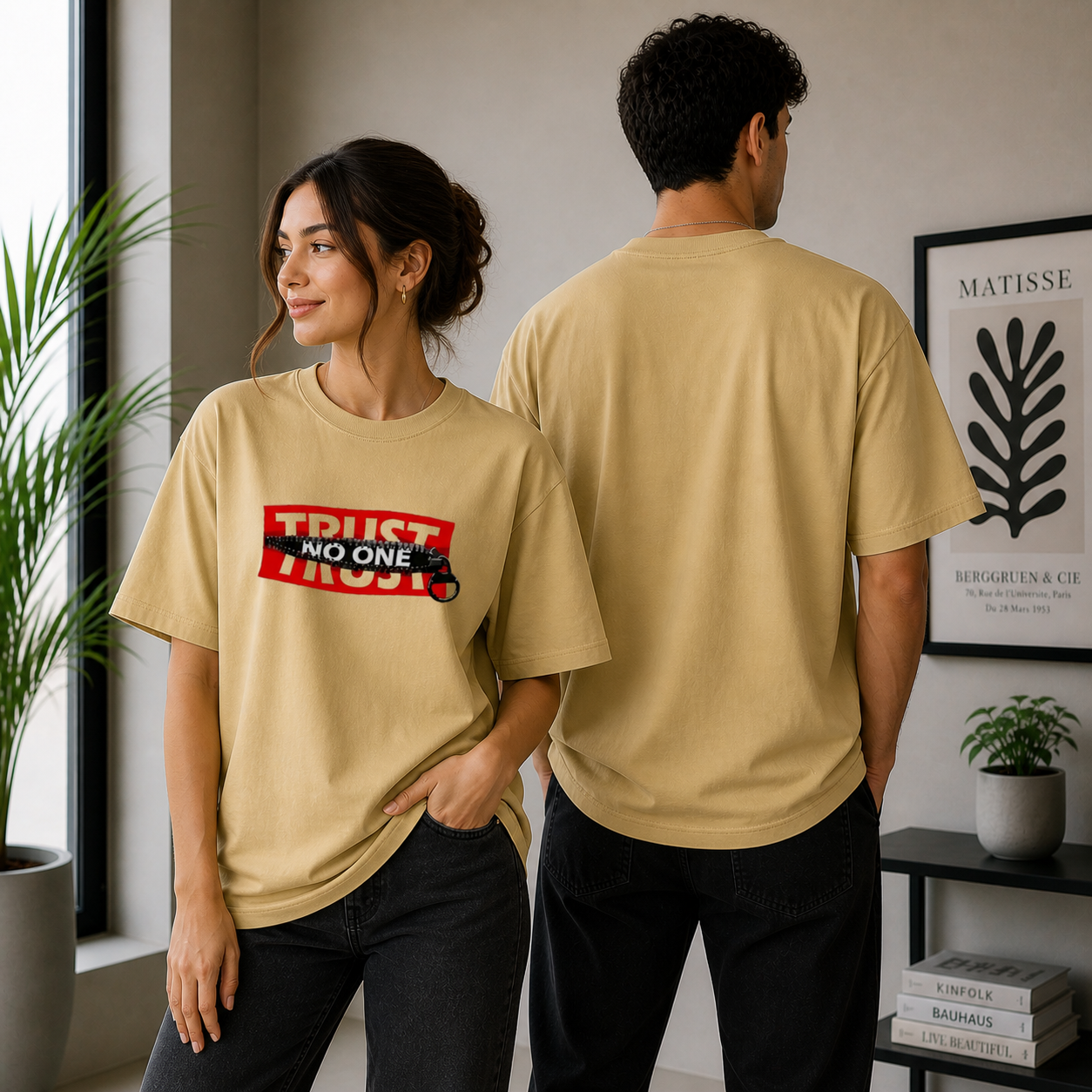 Trust No One Typography Unisex Oversized Beige T-Shirt