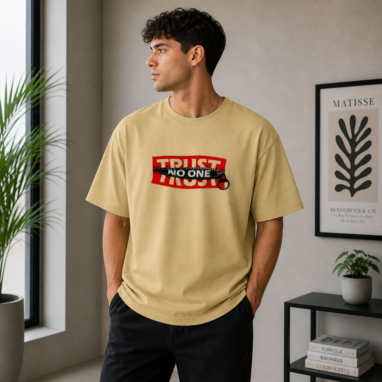 Trust No One Typography Unisex Oversized Beige T-Shirt